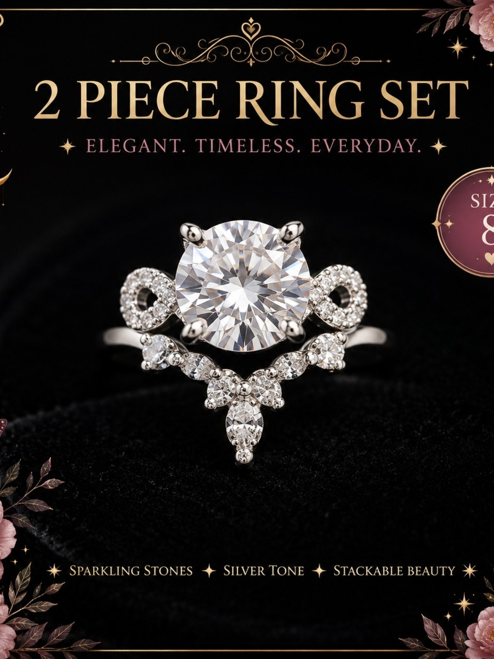 Silver Tone 2-Piece Sparkling Ring Set Size 8!